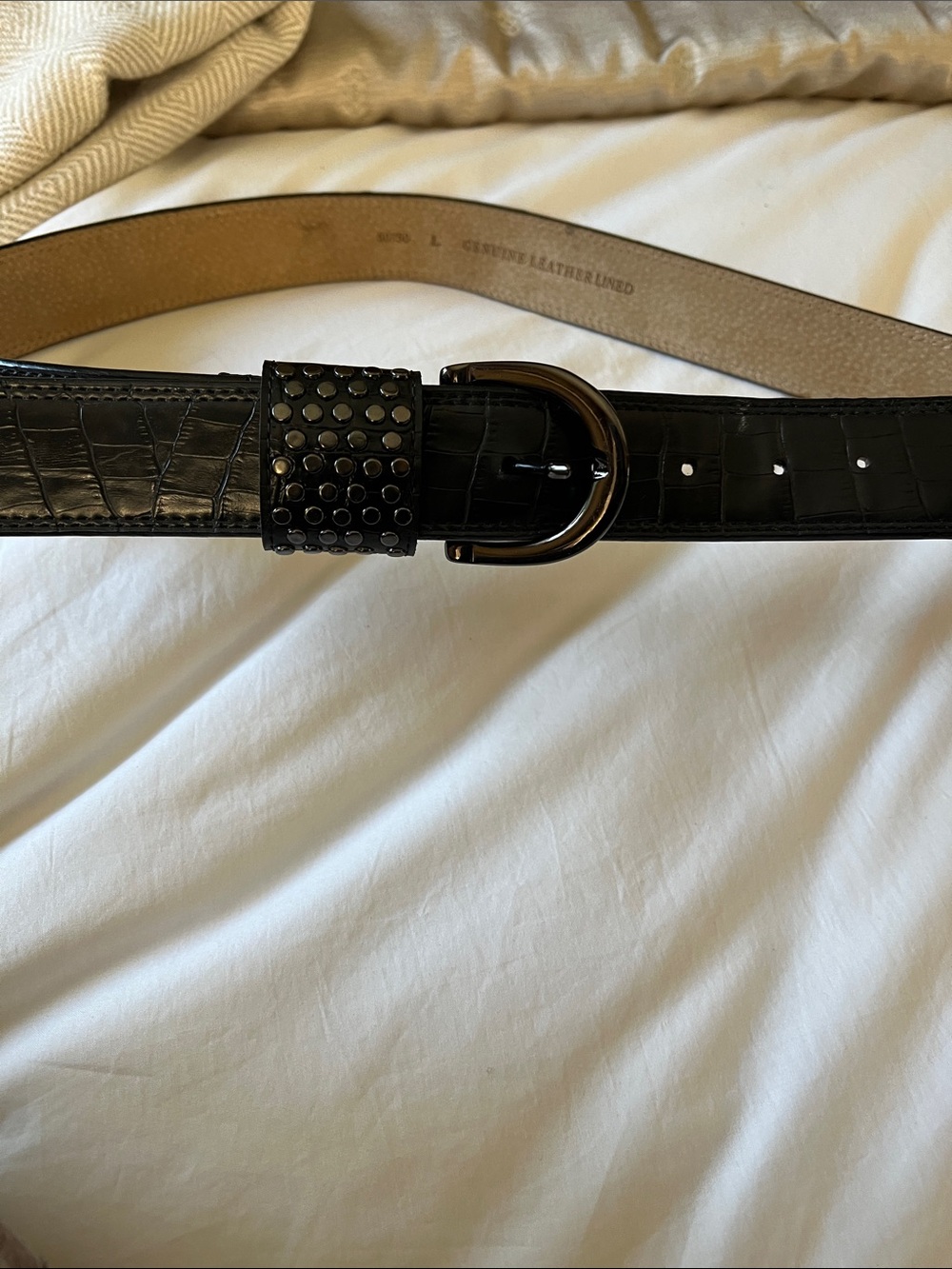 Black Croc-Embossed Leather Belt with Studded Loop